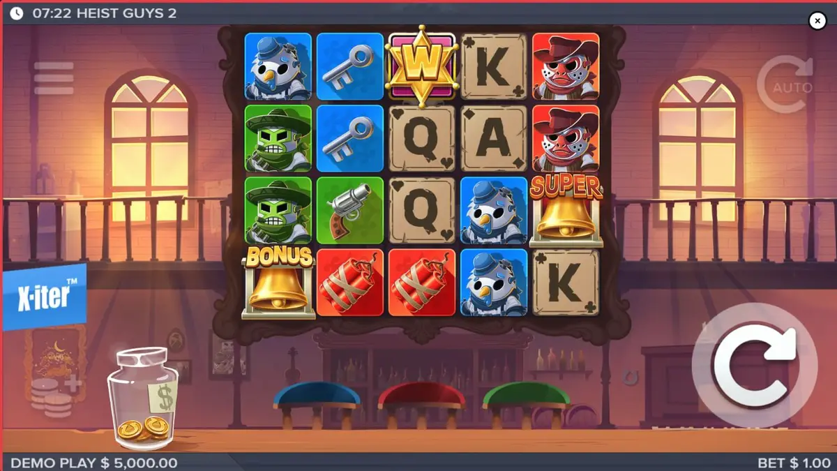 Heist Guys 2 سلاٹ گیم کا مرکزی منظر جس میں کردار اور ویسٹرن تھیم نمایاں ہے۔